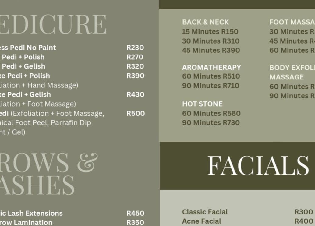Olive and Kai Beauty service menu featuring pedicures, massages, and facials in Midrand, Gauteng, ZA.