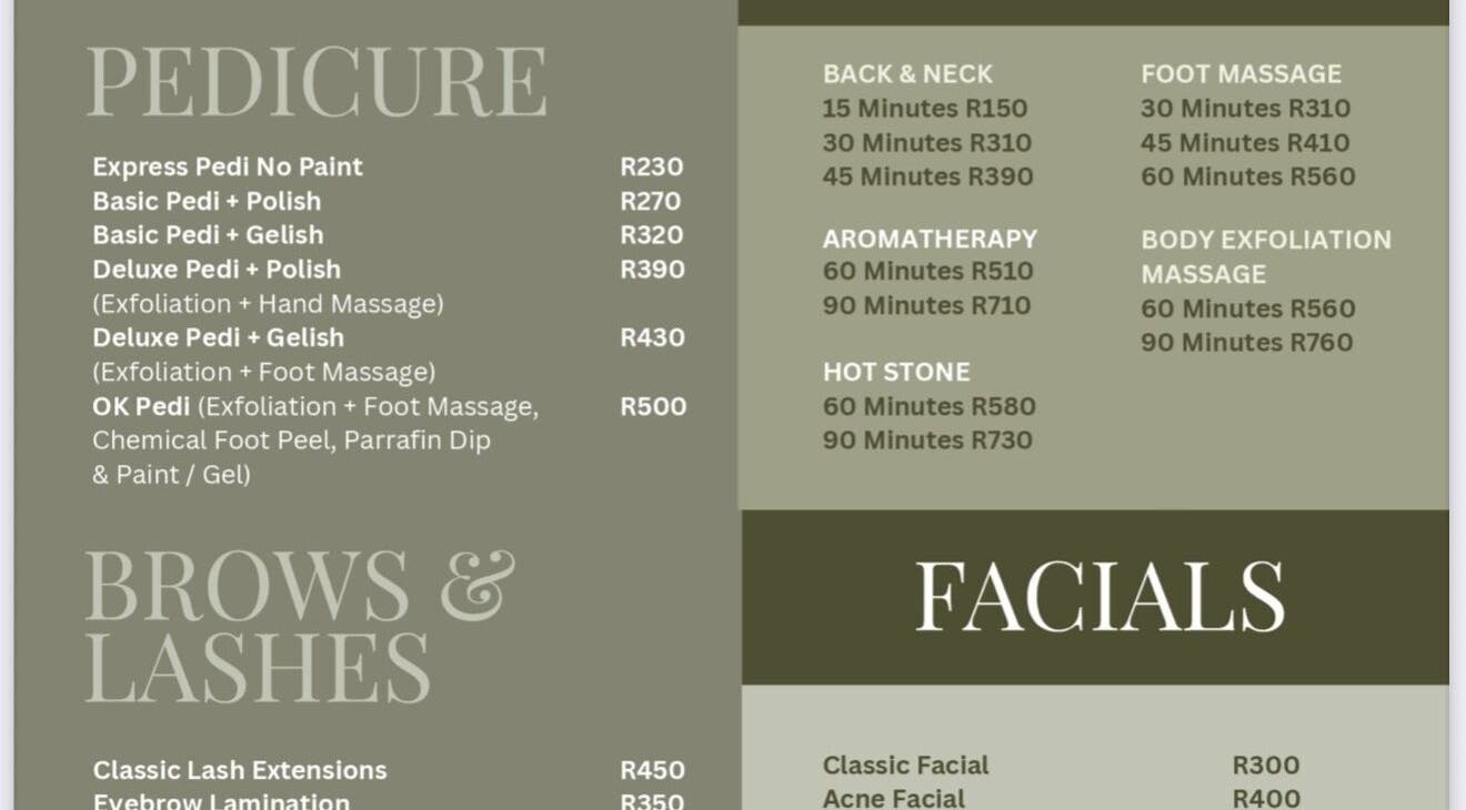 Olive and Kai Beauty service menu featuring pedicures, massages, and facials in Midrand, Gauteng, ZA.