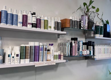 Product display at Zeba Hair Studio, Rose Bay, New South Wales, AU showcasing top hair care brands.