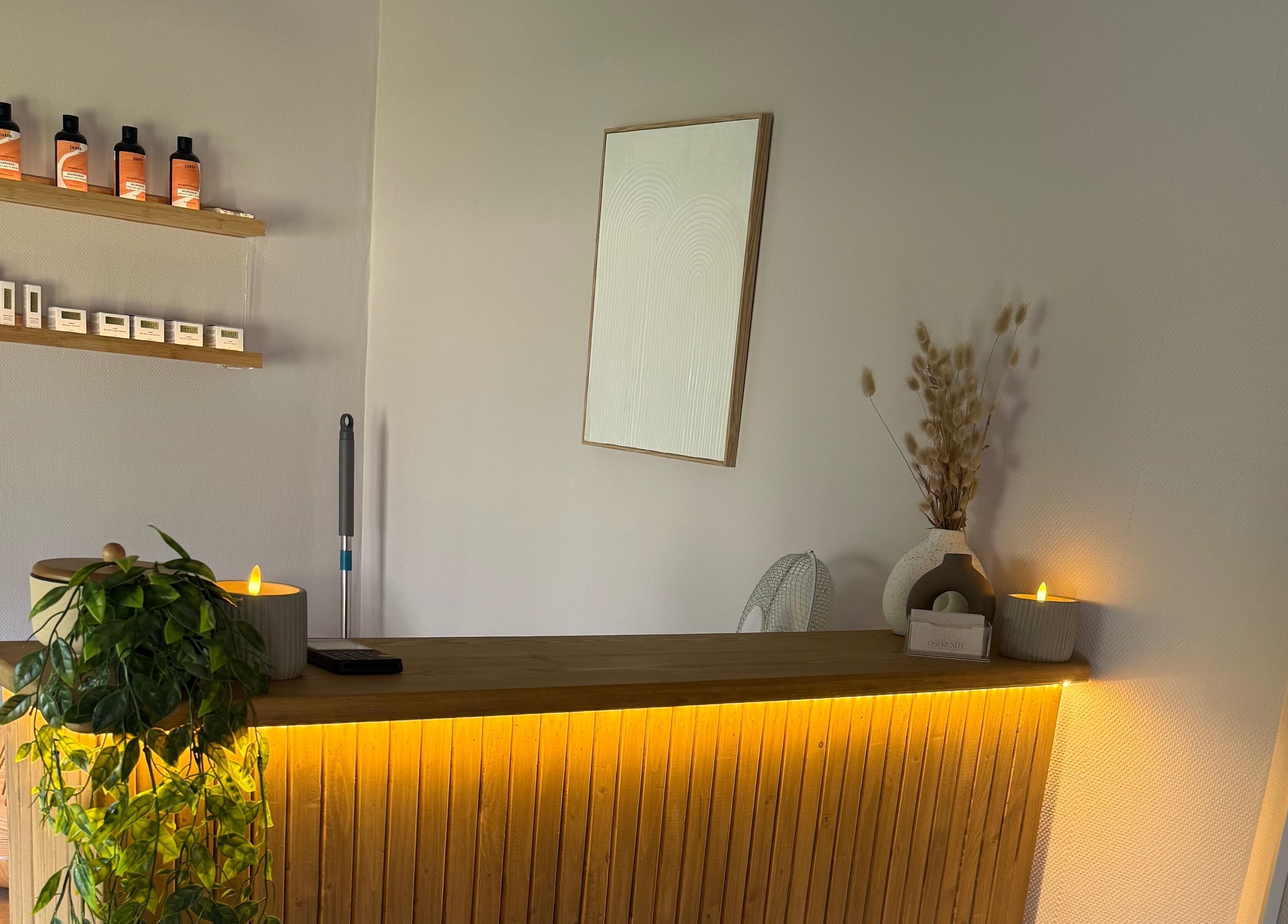 Réception chaleureuse chez Oserenité, Aubrives, Grand Est, FR avec décoration naturelle et éclairage apaisant.