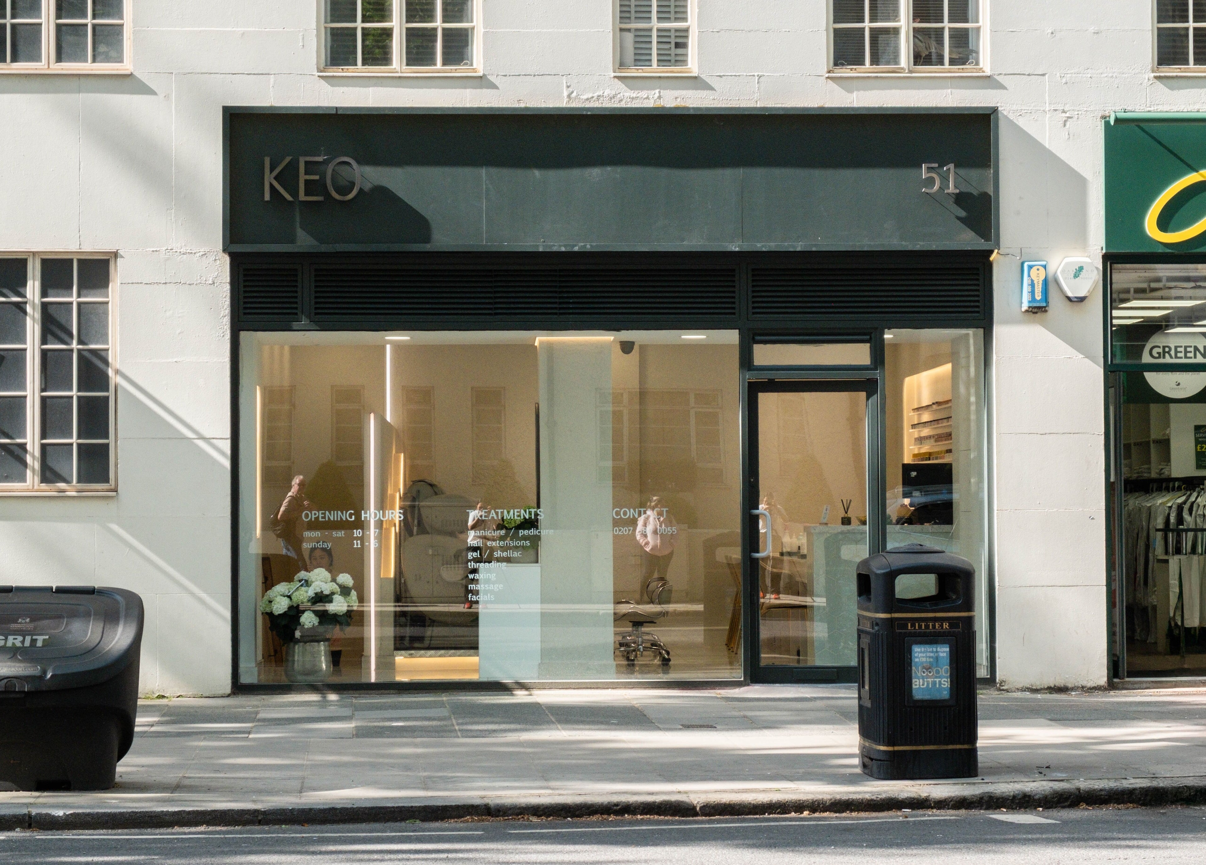 Front view of Keo Spa, London, England, GB, showcasing modern entrance and elegant facade.