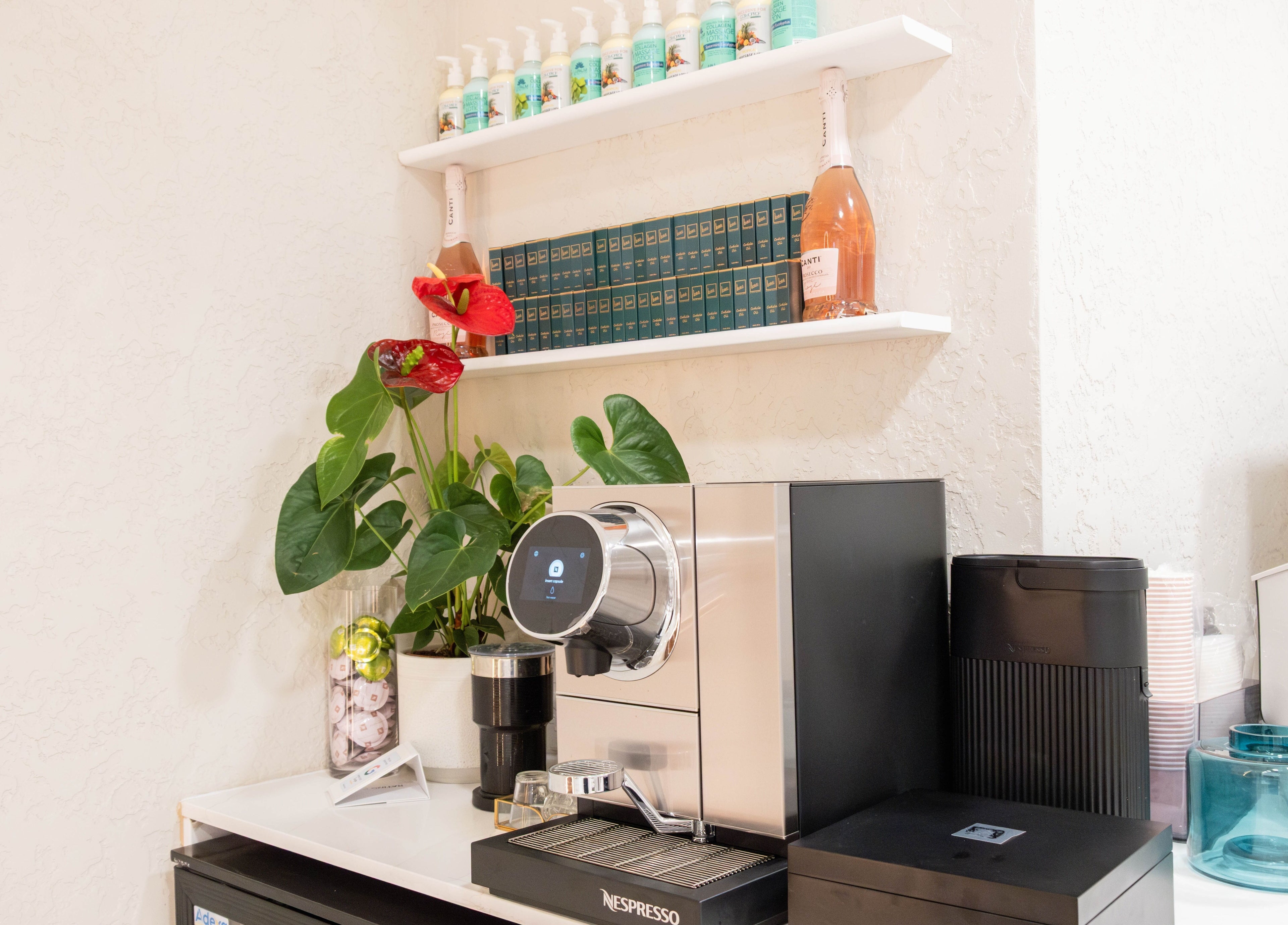 Elegant coffee station with plants at Keo Spa in London, England, GB.