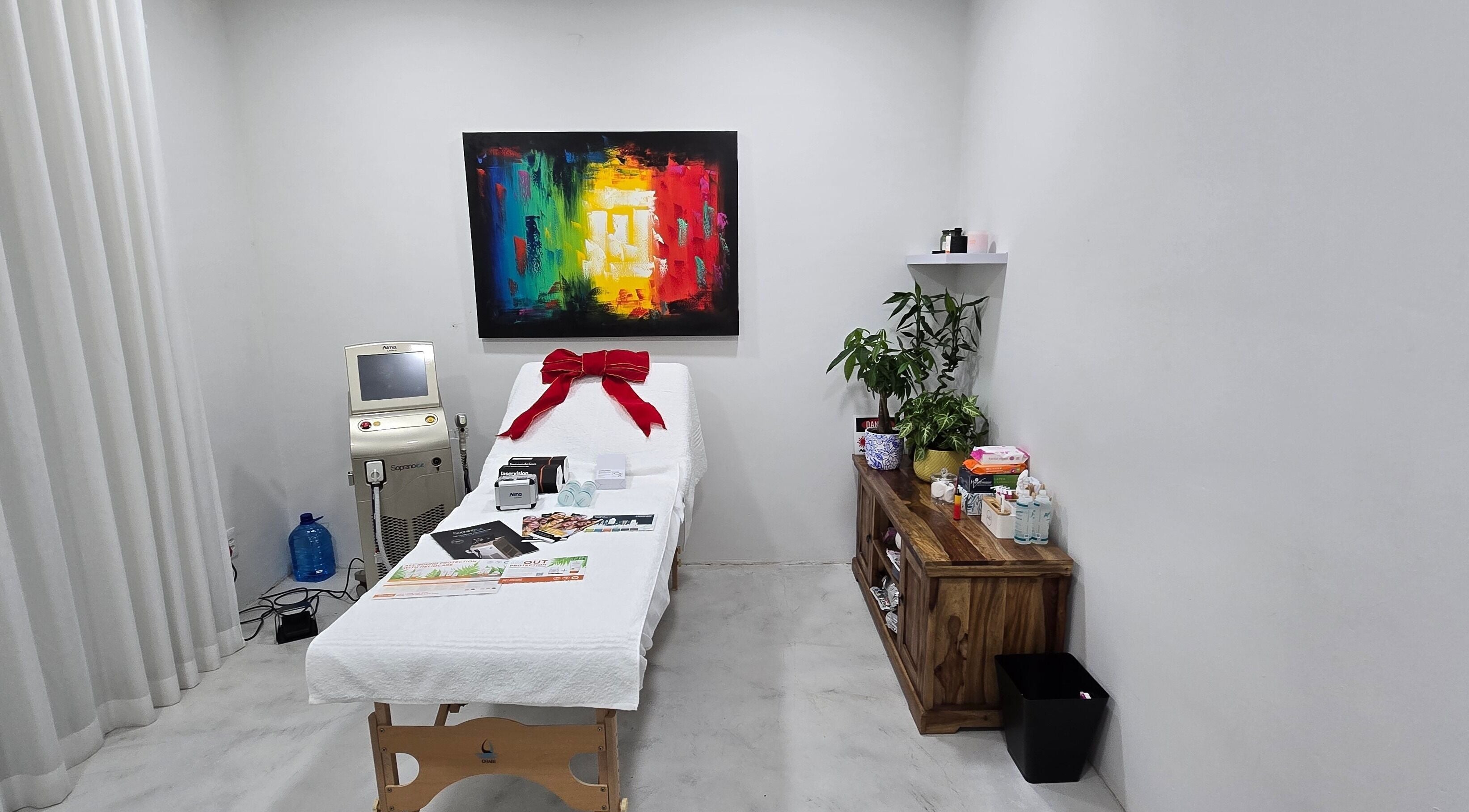 Skash treatment room in Cape Town, Western Cape, ZA, with a bed, art, and plants for a serene experience.