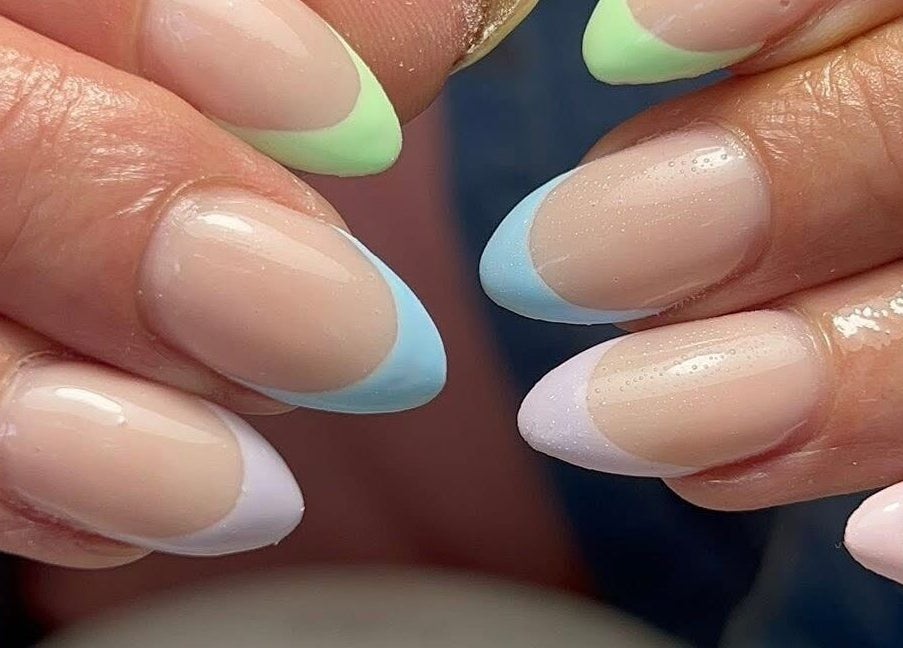 Elegant pastel nails with French tips at Coco Beauty, Redruth, England, GB.
