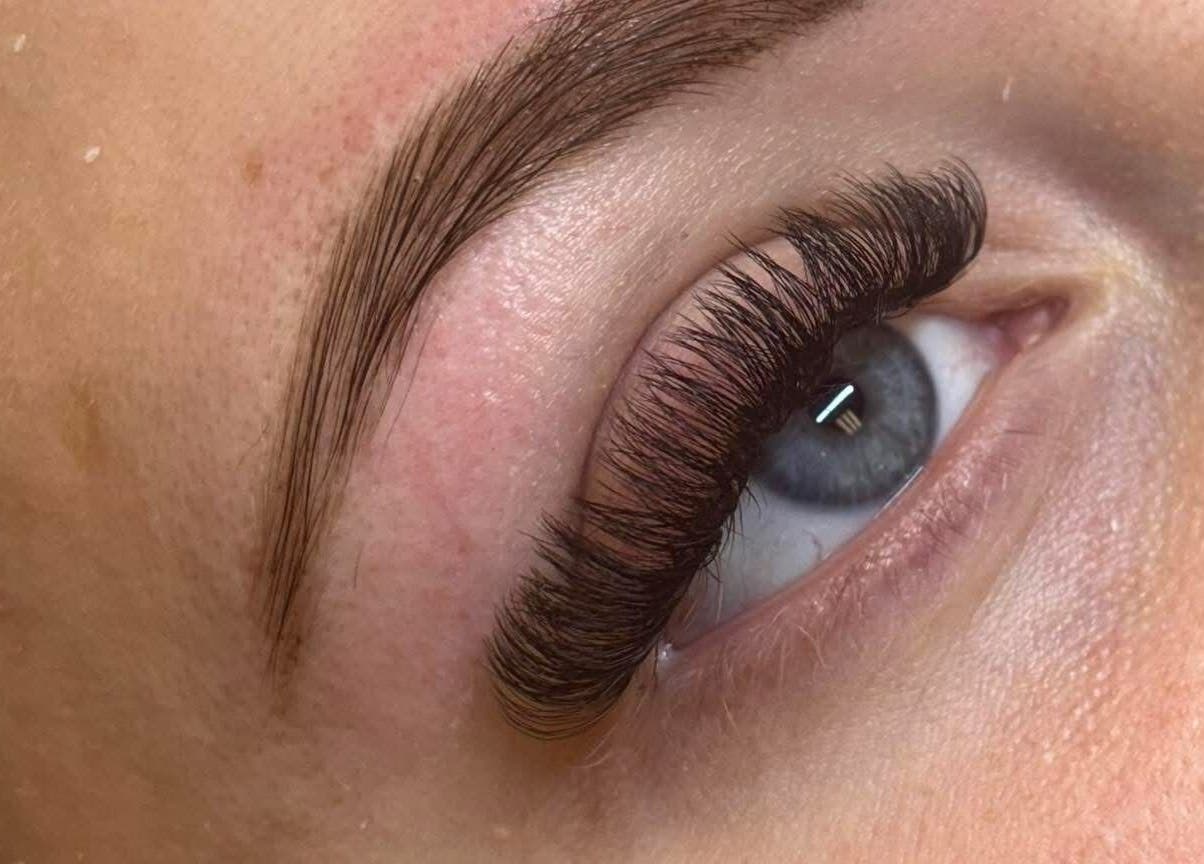 Close-up of expertly applied eyelash extensions at Coco Beauty, Redruth, England, GB.