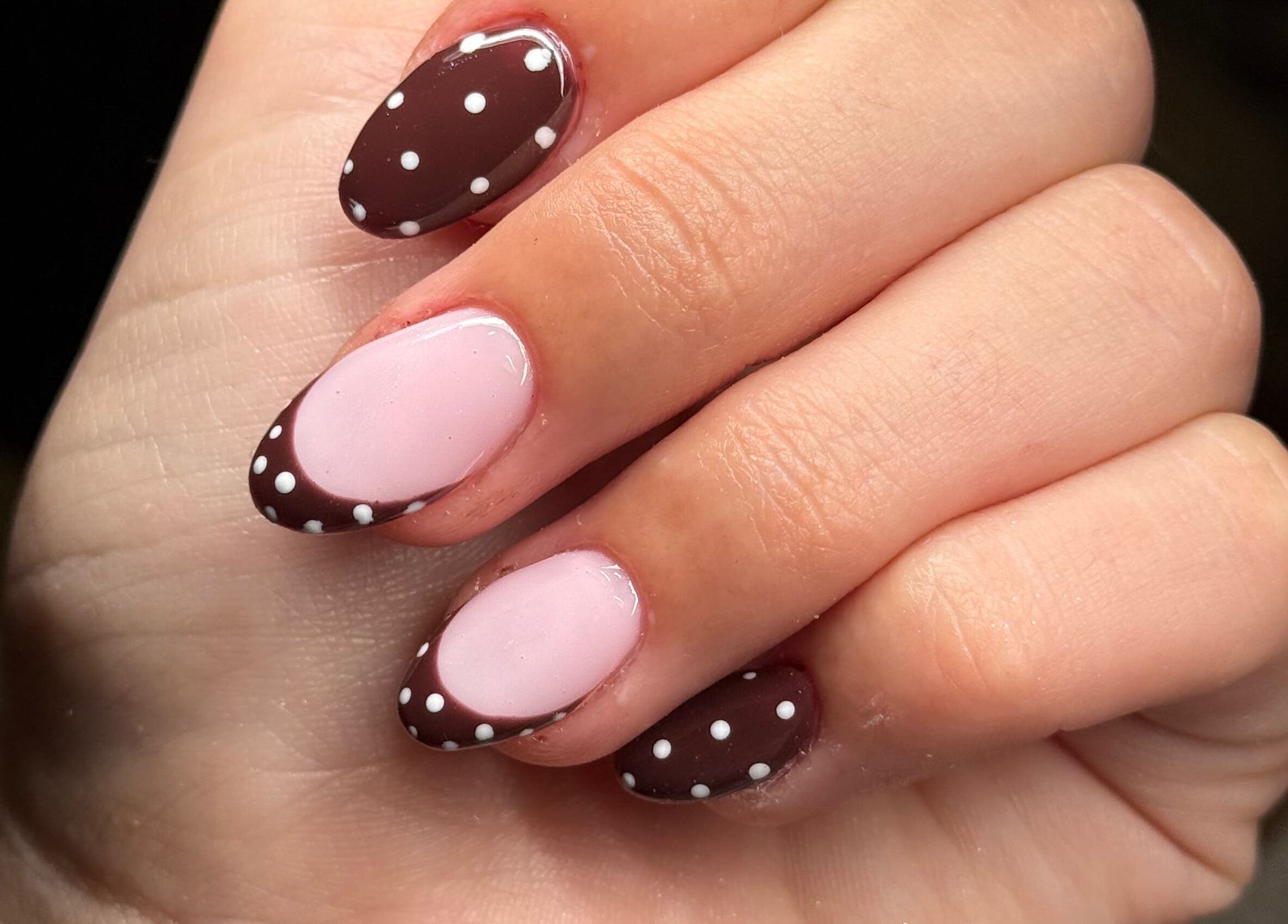 Chic polka dot nails from Lavish Touch Dundee, Dundee, Scotland, GB. Brown and pink designs for elegant style.