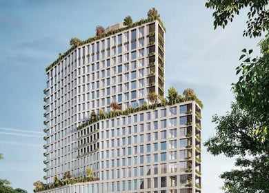 Modern building near Silky | The Healthy Hair Experts in New York, New York, US, surrounded by greenery.