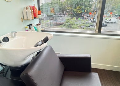 Cozy wash station at Silky | The Healthy Hair Experts in New York, New York, US with a city view.