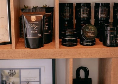 Products on display at Tashreeqah Verrie Massage Studio, Gqeberha, Eastern Cape, ZA.