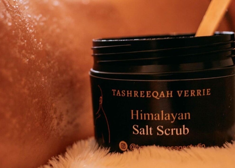 Himalayan salt scrub at Tashreeqah Verrie Massage Studio in Gqeberha, Eastern Cape, ZA for revitalizing skin care.