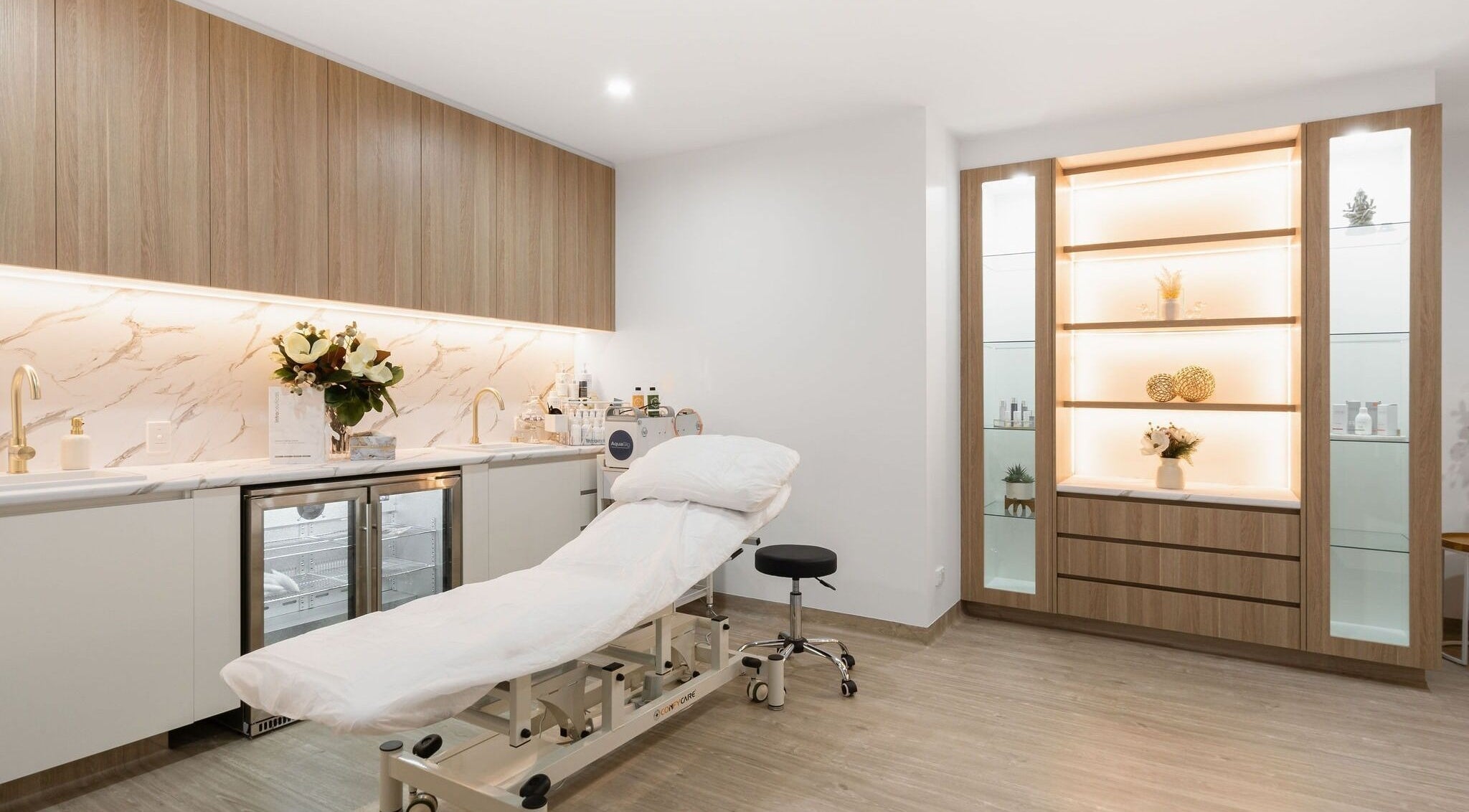 Modern treatment room at Plaza Central Medical and Aesthetics, Maroochydore, Queensland, AU, featuring sleek decor.