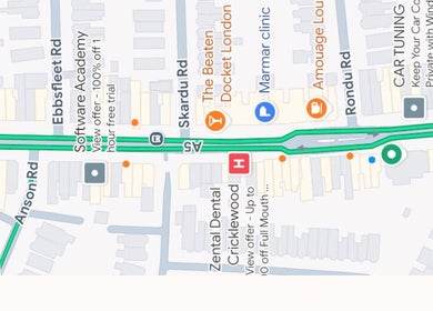 Map showing Marmar Clinic location in London, England, GB, near Skardu Road.