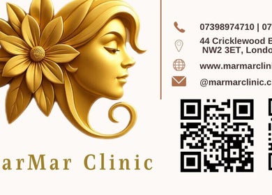 Elegant golden floral logo of Marmar Clinic, London, England, GB with contact details and QR codes.