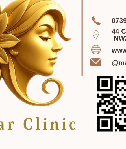Elegant golden floral logo of Marmar Clinic, London, England, GB with contact details and QR codes.