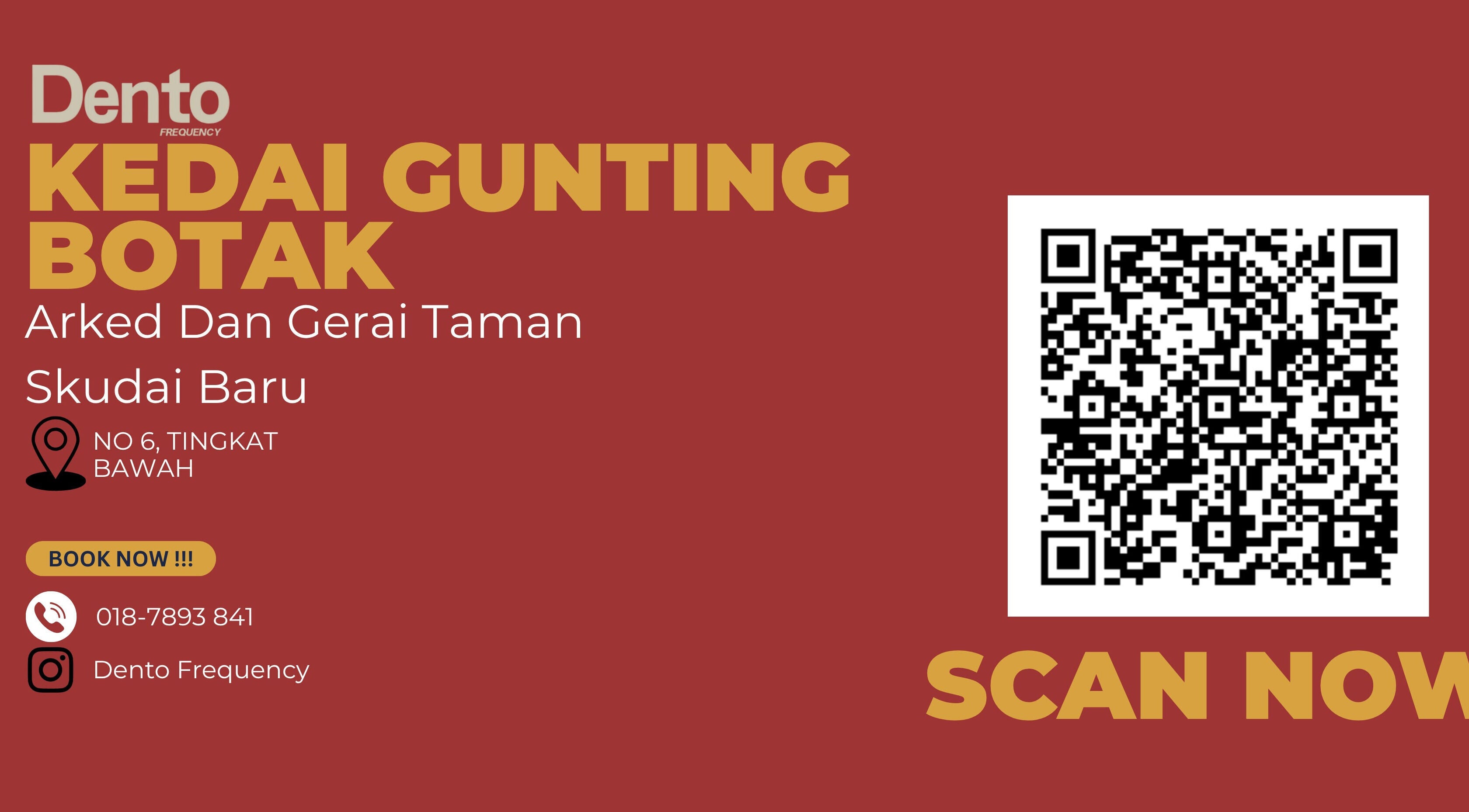 Kedai Gunting Botak, Skudai, Johor Darul Ta'zim, MY features a booking promo poster with QR code.