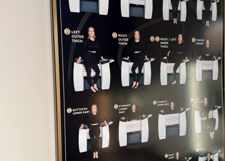 Instruction chart at Shape And Sculpt, Pretoria, Gauteng, ZA, showcasing various body sculpting positions.