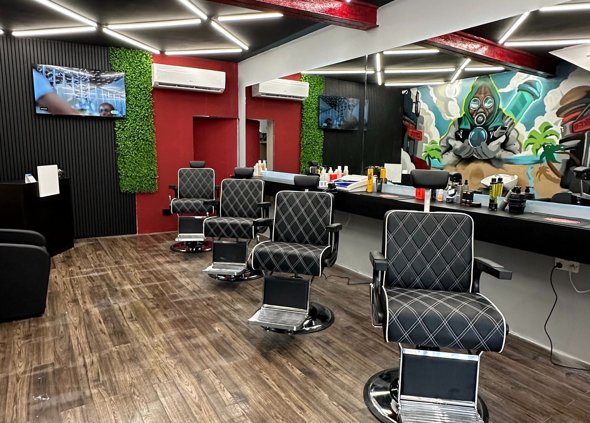 FRESH FADES | Sliema | chic barber chairs in dynamic, vibrant interior, Sliema, Malta, MT.