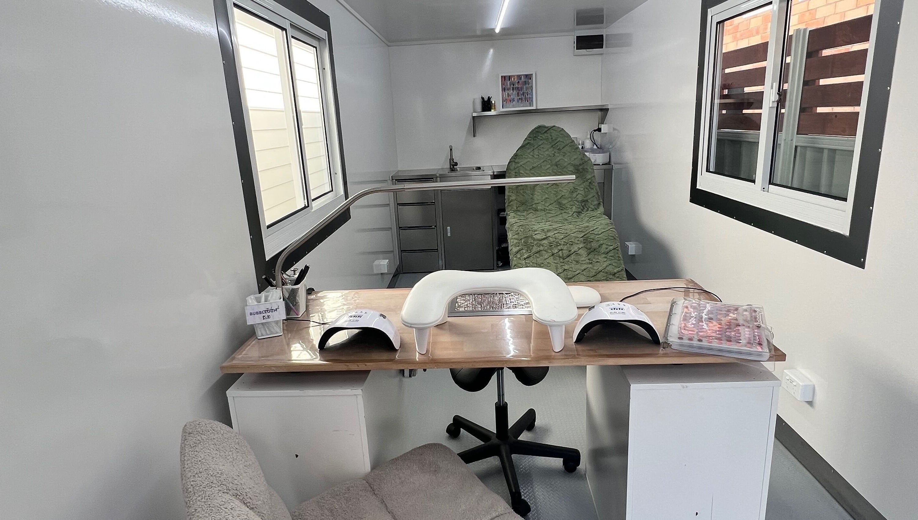 Modern nail station at Acryluxe Nails and Beauty, Dubbo, New South Wales, AU with serene ambiance.