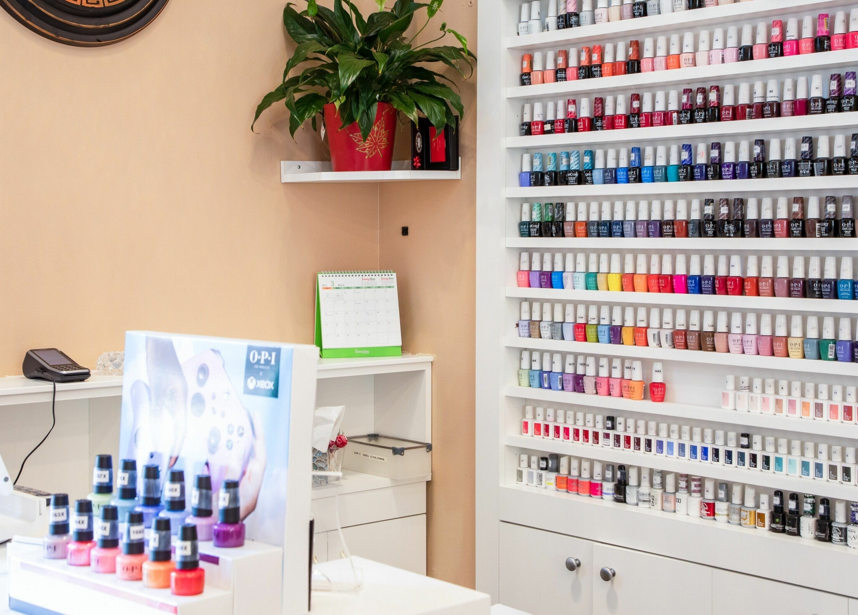 Vibrant nail polish display at Ruby Nails in Chicago, Illinois, US, offering diverse color options.