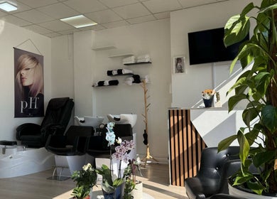 Tranquil interior of ZS Hair & Beauty in Welling, England, GB with chairs, plants, and wall art.