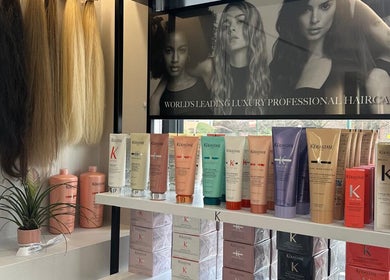 Premium haircare products displayed at HAIR COLLECTIVE, London, England, GB, featuring luxury brand offerings.