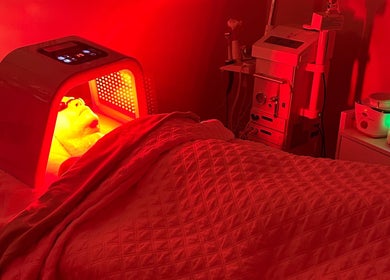 LED facial treatment at Facials By Tina Maria, Freeport, Freeport, BS, showcasing a client under red light therapy.