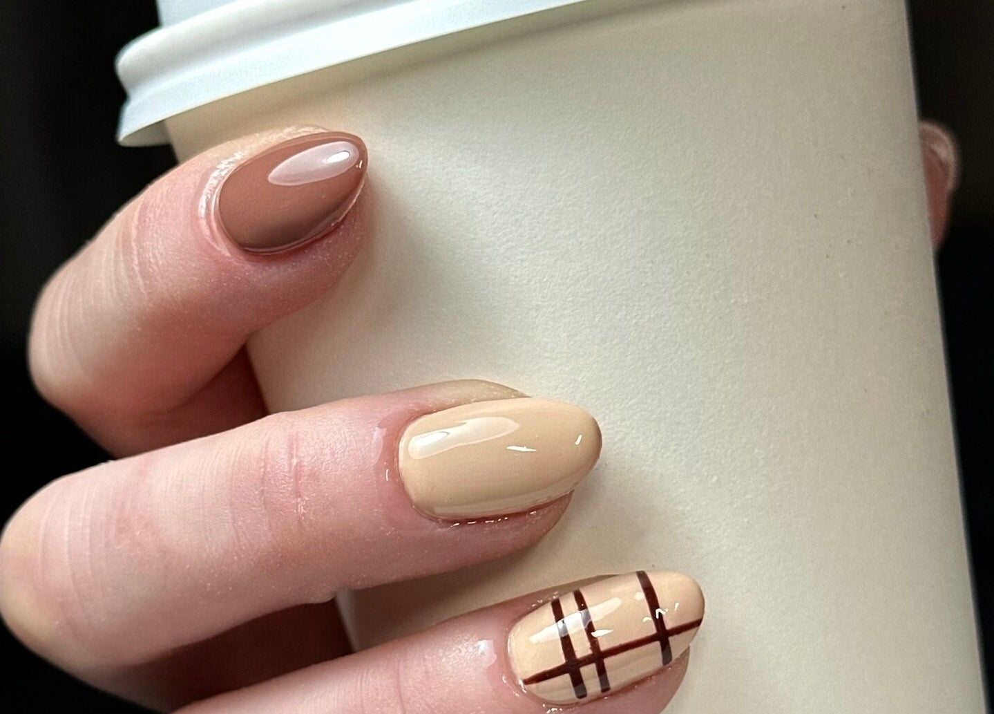 Elegant nail art with neutral tones at Onn Nails, Stockport, England, GB.