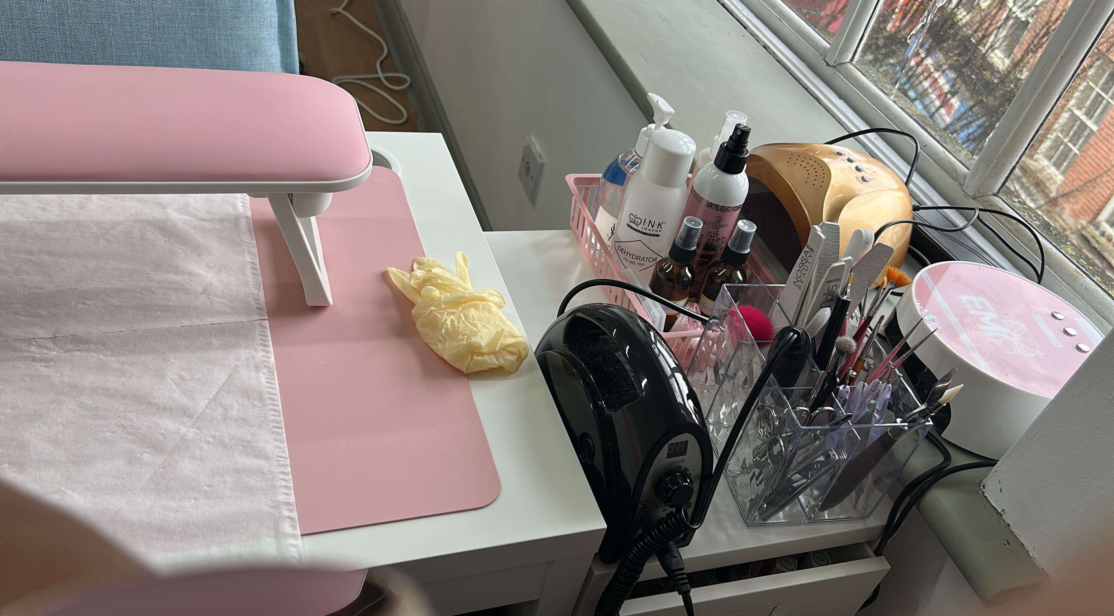 Manicure setup at Nit Sparkle Nail, Dublin, County Dublin, IE, featuring tools and products.