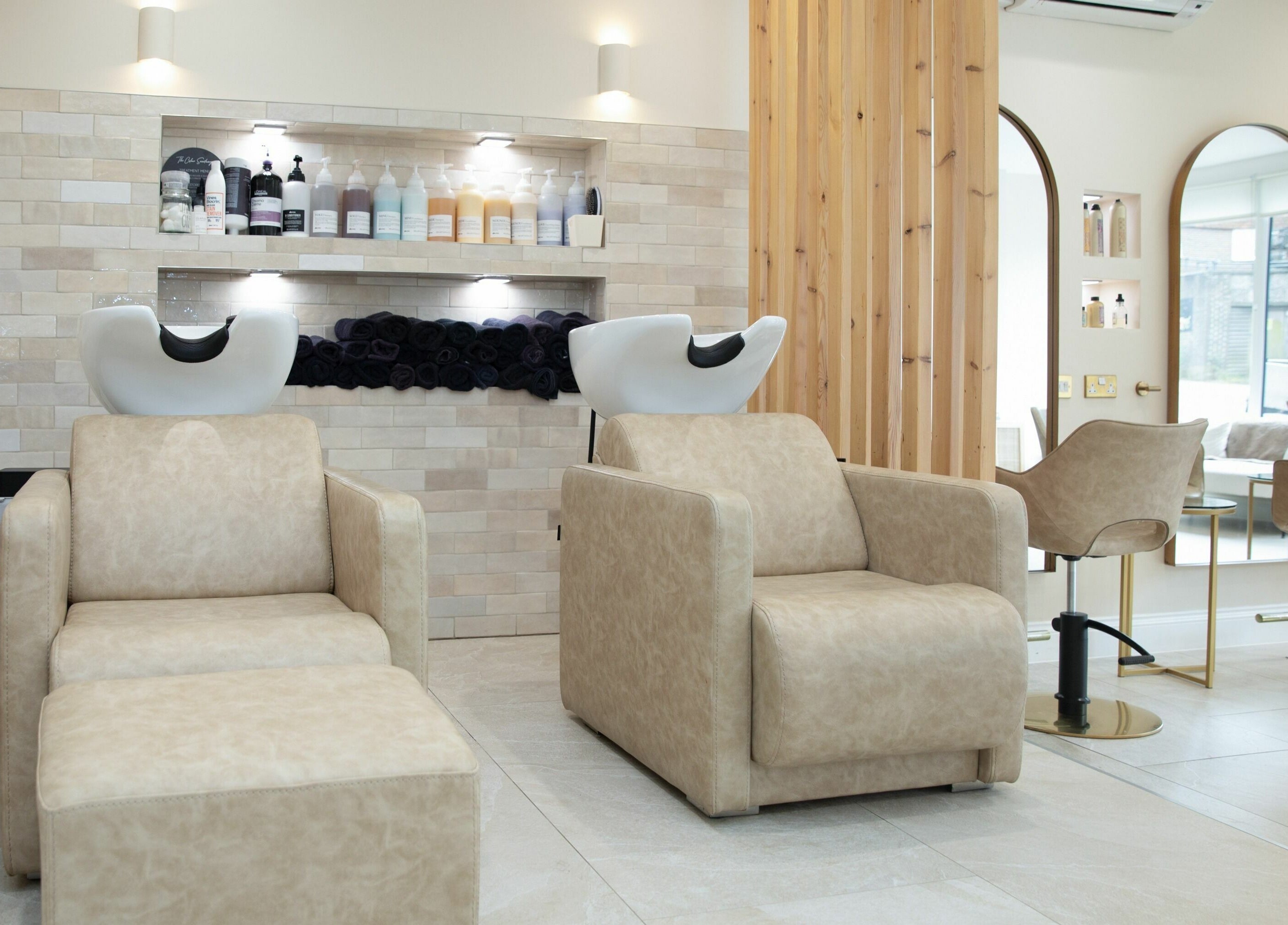 Elegant salon wash stations at The Colour Sanctuary in Crowborough, England, GB featuring modern design.