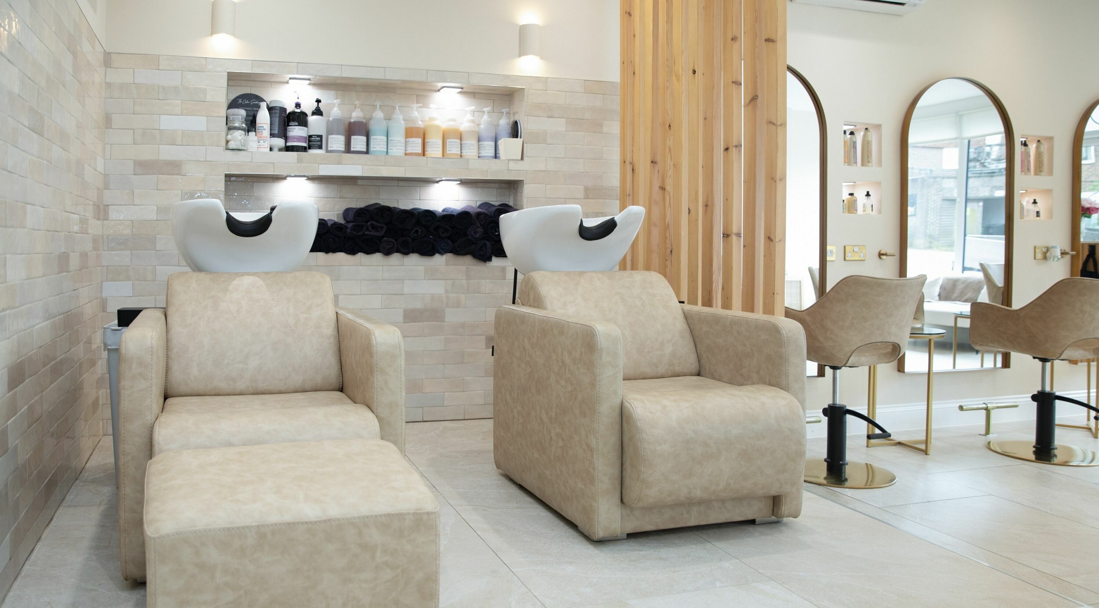 Elegant salon wash stations at The Colour Sanctuary in Crowborough, England, GB featuring modern design.