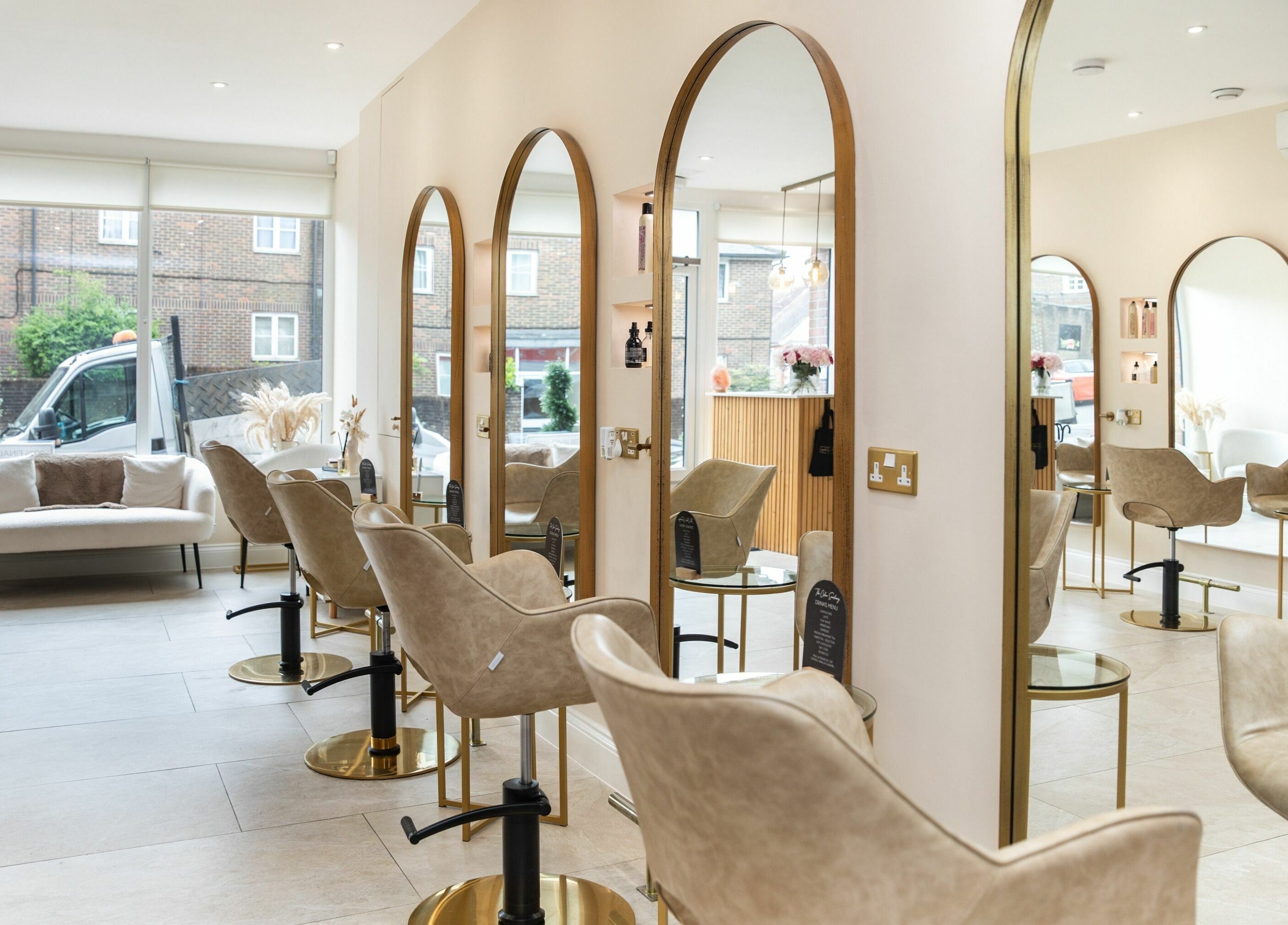 Chic salon interior with mirrors at The Colour Sanctuary, Crowborough, England, GB.