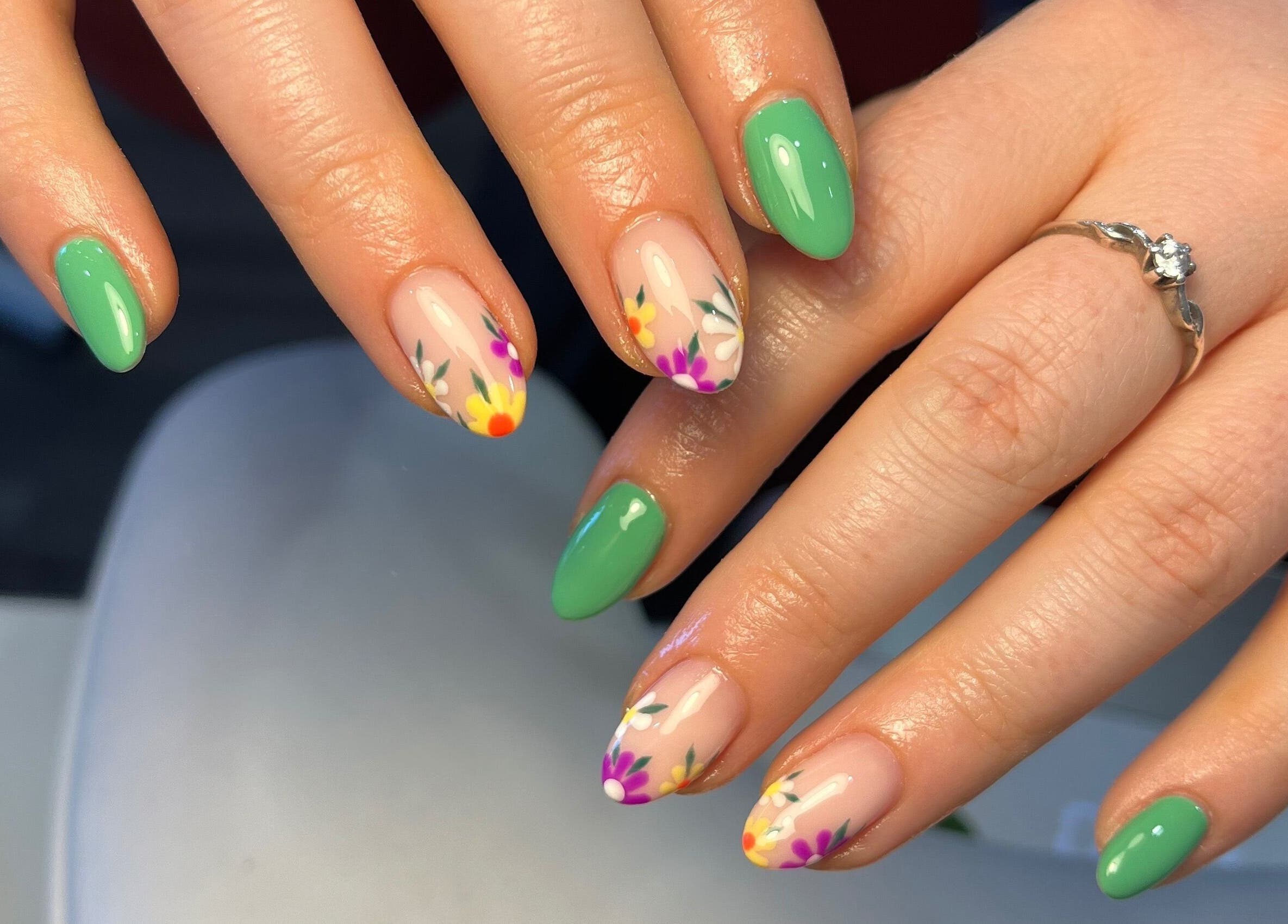 Vibrant floral nail art at Ella W Smith Beauty, Clayton-le-moors, England, GB. Showcasing elegant spring colors.