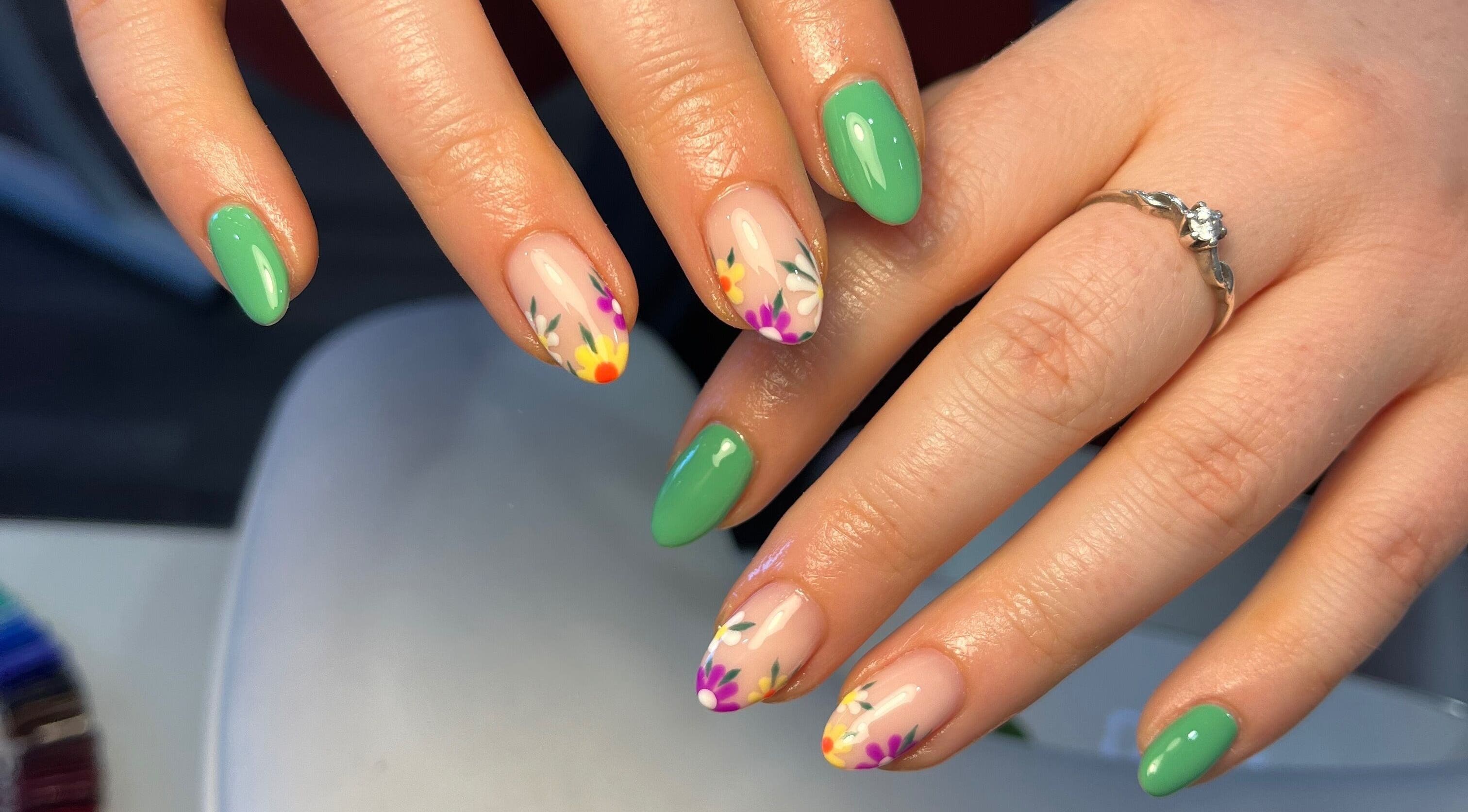 Vibrant floral nail art at Ella W Smith Beauty, Clayton-le-moors, England, GB. Showcasing elegant spring colors.
