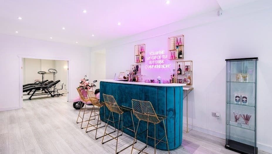 Chic beauty lounge at Refine Beauty By Meg in Stockport, England featuring stylish decor and treatment area.