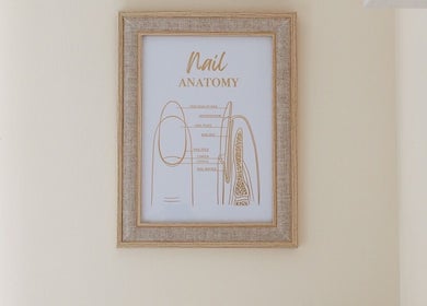 Framed nail anatomy art at Gloss by Storm, Bowbrook, England, GB, enhancing elegant salon ambiance.