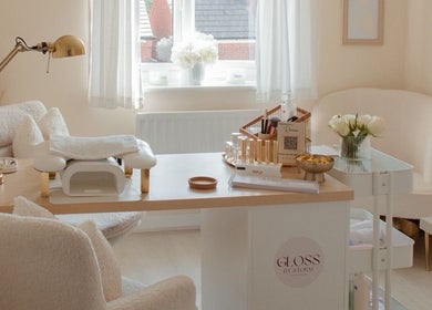 Elegant treatment room at Gloss by Storm, Bowbrook, England, GB with modern decor and beauty tools.