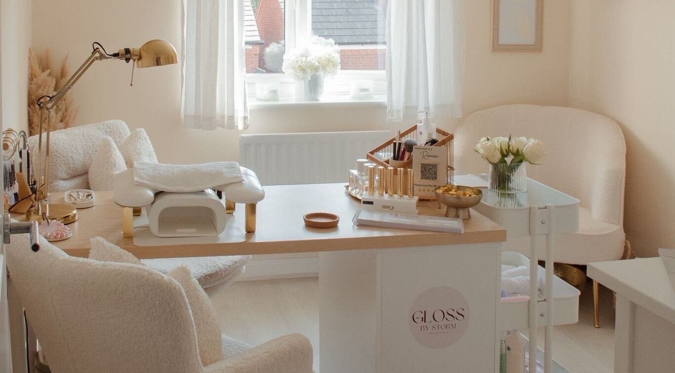 Elegant treatment room at Gloss by Storm, Bowbrook, England, GB with modern decor and beauty tools.
