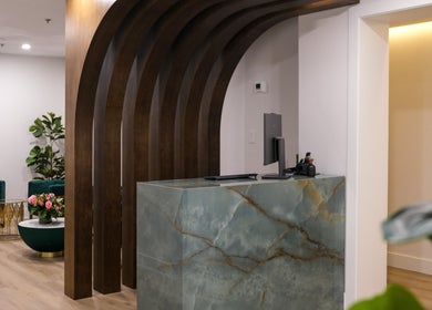 Elegant lobby of Pamper Valley, Toronto, Ontario, CA with modern design and stylish decor.