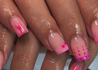 Elegant pink nail art with cherry design at Nails By CC, Chorley, England, GB.