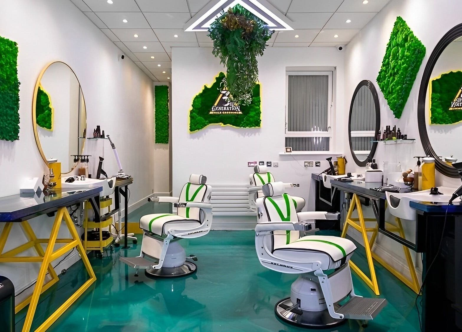 Modern interior of 3rd Generation Grooming in London, England, GB, featuring sleek styling stations and vibrant greenery.