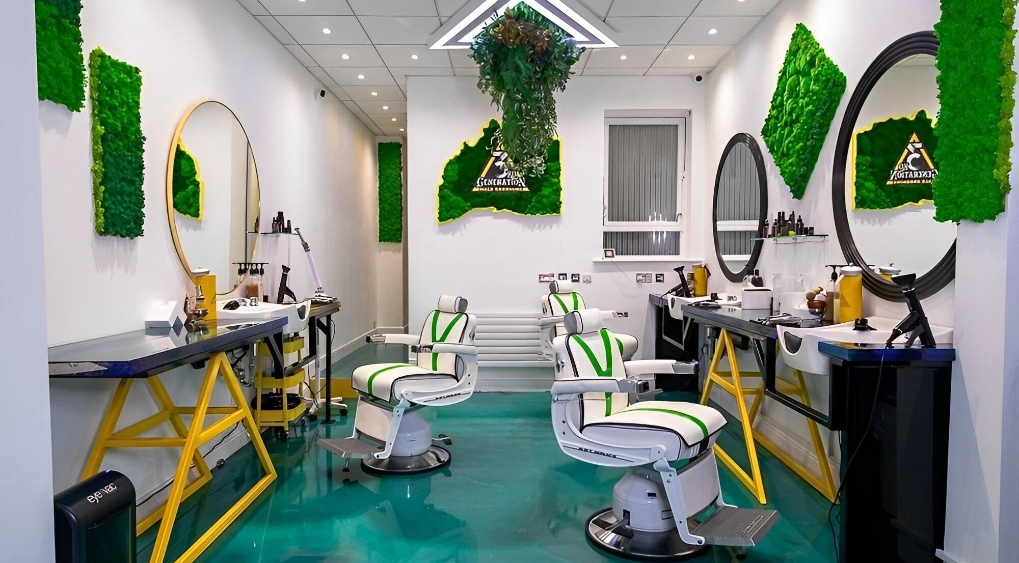 Modern interior of 3rd Generation Grooming in London, England, GB, featuring sleek styling stations and vibrant greenery.