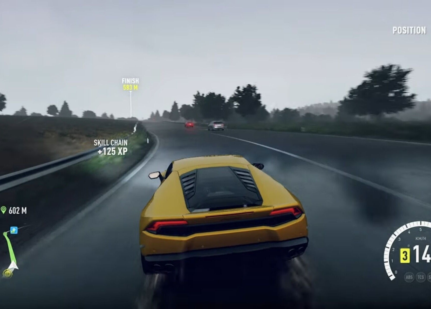 A yellow sports car racing on a wet road, showcasing speed and excitement. HAIRCUT HIKA in Tehran, Tehran Province, IR.