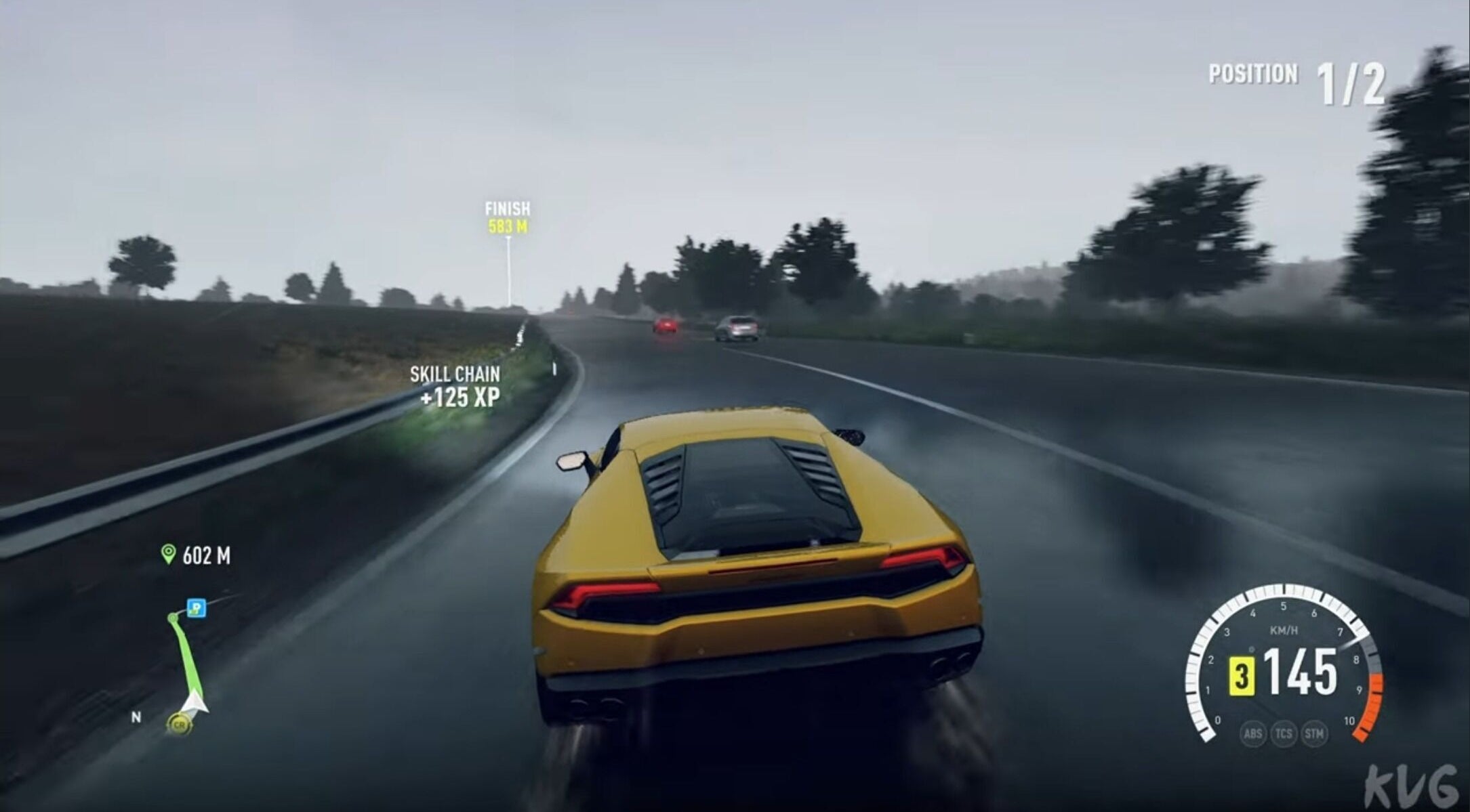 A yellow sports car racing on a wet road, showcasing speed and excitement. HAIRCUT HIKA in Tehran, Tehran Province, IR.