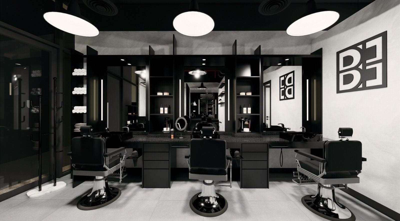 Modern interior of Budz and Broz Barbershop in Dubai, Dubai, AE with sleek black chairs and lit mirrors.
