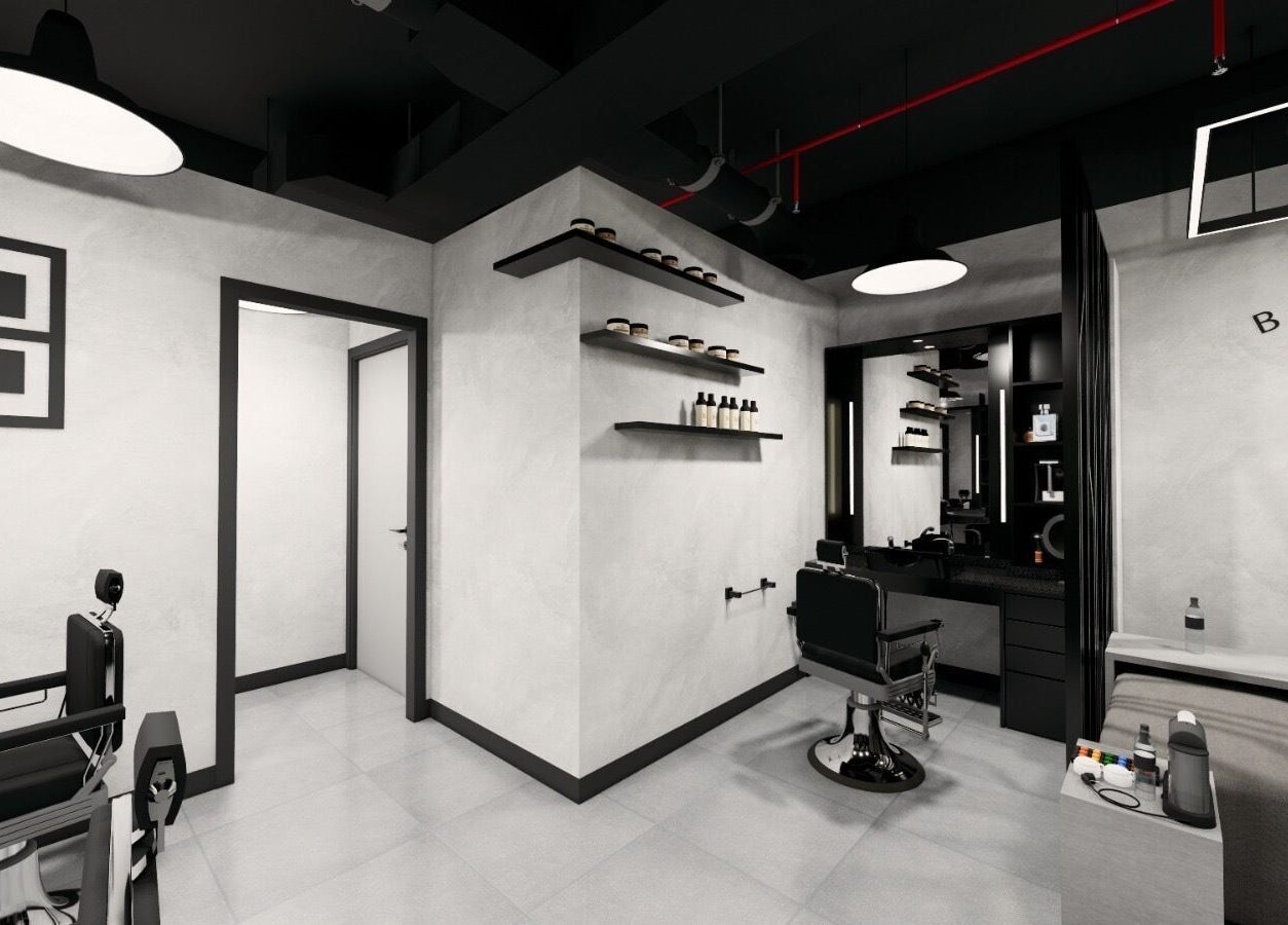 Interior of Budz and Broz Barbershop in Dubai, Dubai, AE with stylish modern decor and barber chairs.