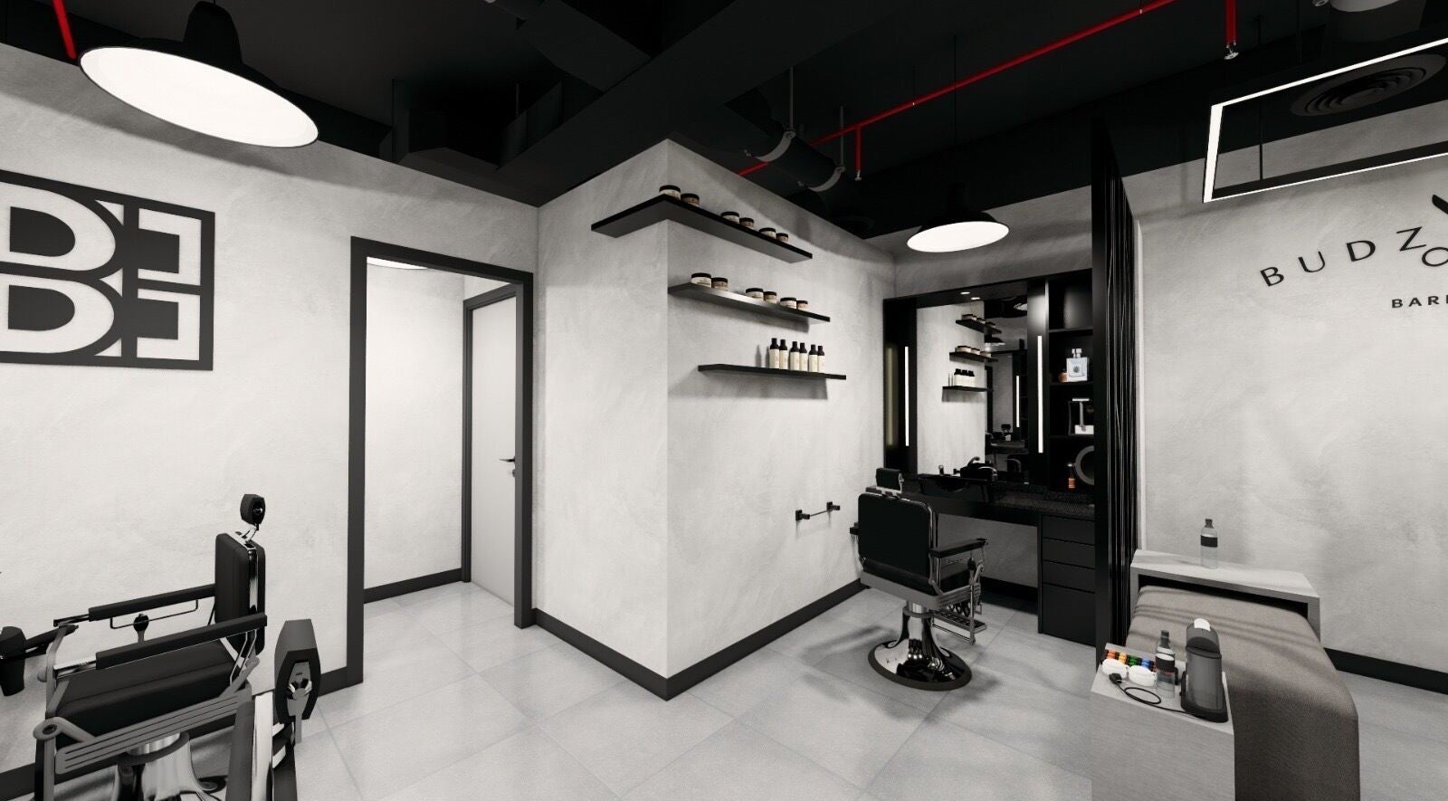 Interior of Budz and Broz Barbershop in Dubai, Dubai, AE with stylish modern decor and barber chairs.