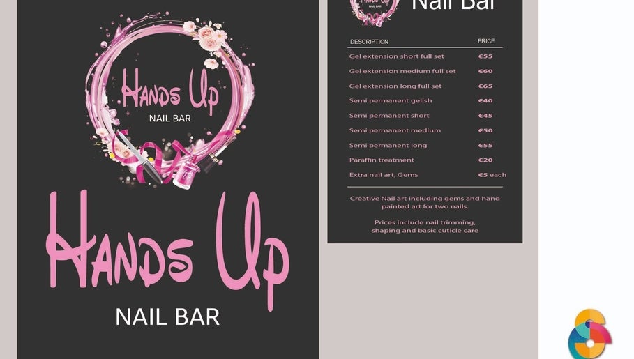 Hand's Up Nail Bar menu showcasing nail services and prices in Cork, Ireland, IE.