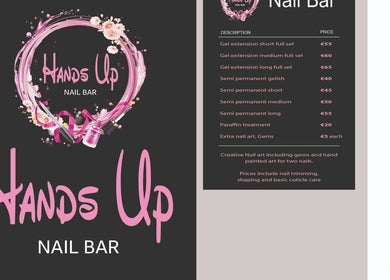 Hand's Up Nail Bar service menu displaying nail treatments in Cork, Ireland, IE.