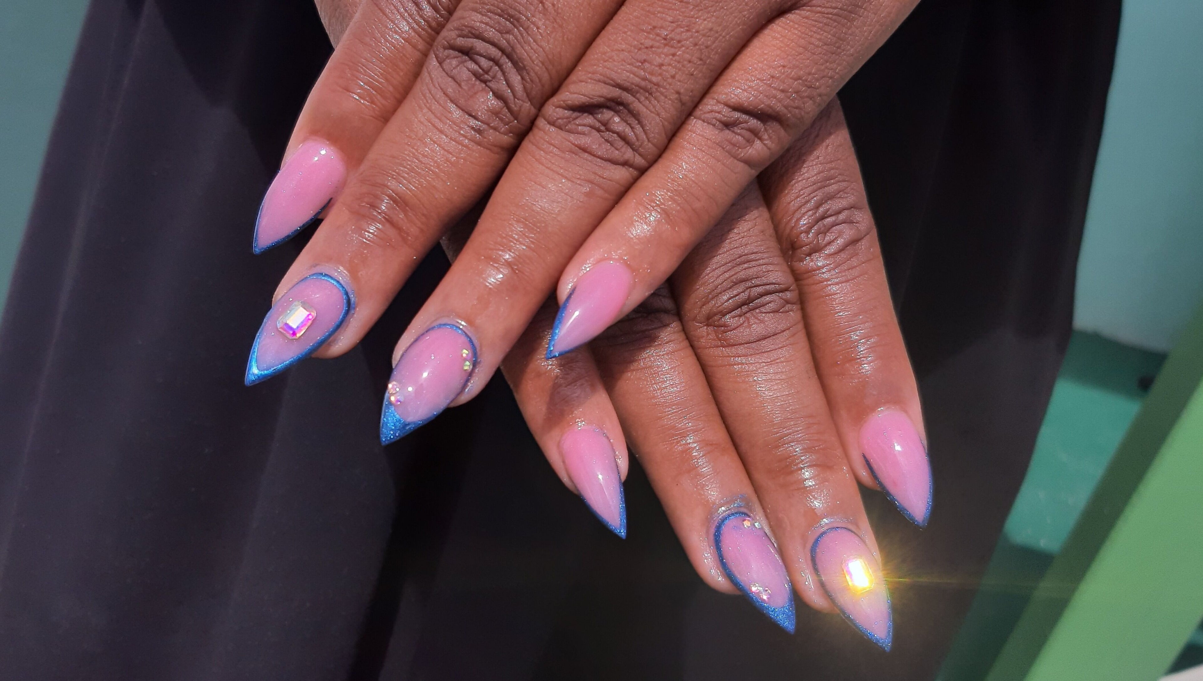 Elegant pink and blue nail art at J's fullhousebeauty, Saint Philip, Bridgetown, BB.