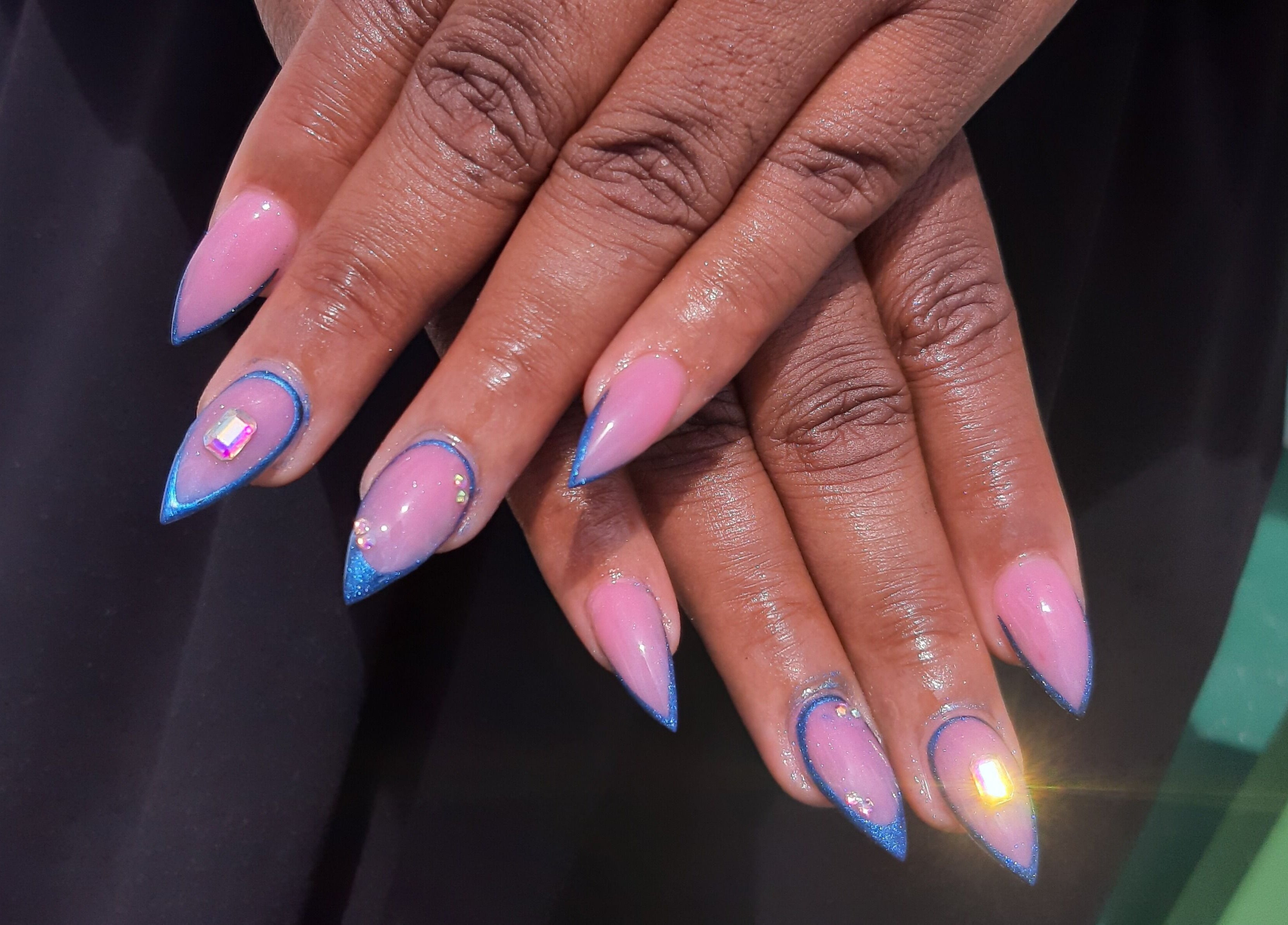 Elegant pink and blue nail art at J's fullhousebeauty, Saint Philip, Bridgetown, BB.